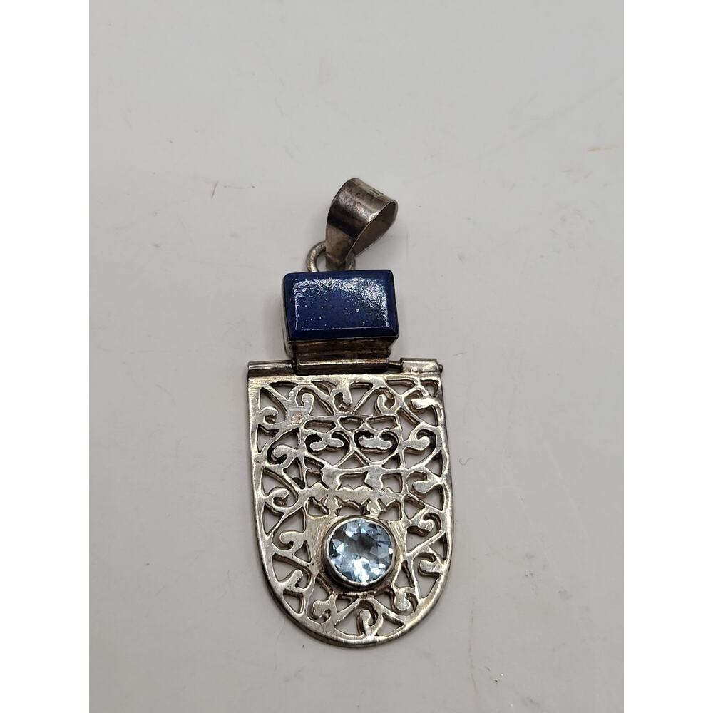 Vintage Sterling Silver Lapis Lazuli Blue Topaz Filigree Pendant Artisan 1990s